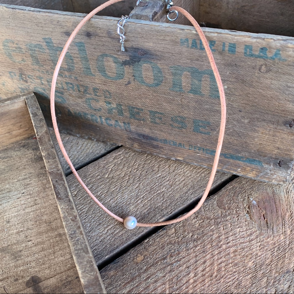Rustic Boho Natural Pearl + Leather Choker